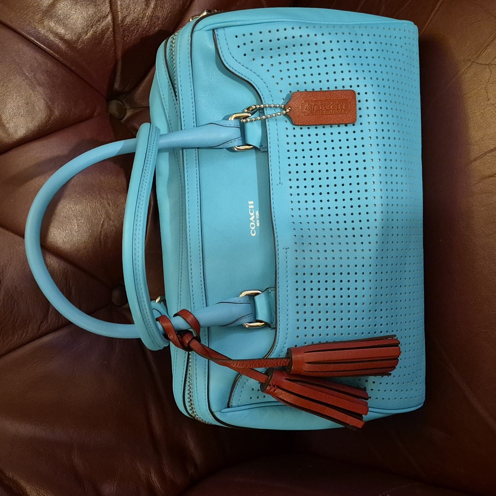 COACH 🐦 HALEY (13') Leather PERFORATED Satchel 💙ROBIN & BURGUNDY: EUC 🌟 LN 🐦
